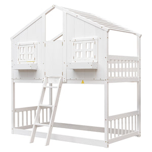 Twin over Twin House Bunk Bed with Roof , Window, Window  Box, Door , with Safety Guardrails and Ladder,White