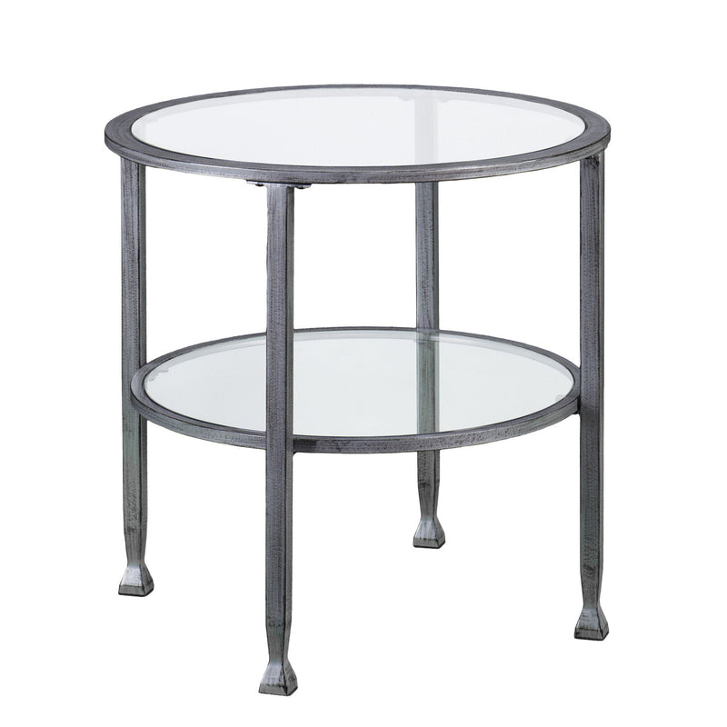 Glass Distressed Iron Round End Table With Shelf - Clear / Silver