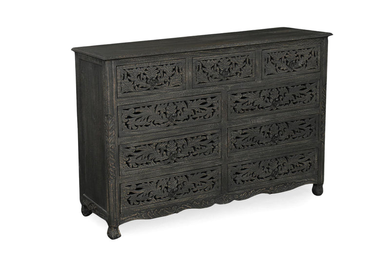 Carved Floral Solid Wood Nine Drawer Dresser - Black