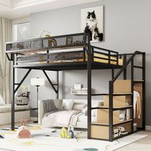 Load image into Gallery viewer, Queen Size Loft Bed &amp; Stairs, Storage Shelves, Wardrobe - Black / Wood
