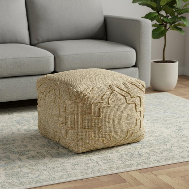 18" Jute Blend Cube Quatrefoil Pouf Ottoman - Natural