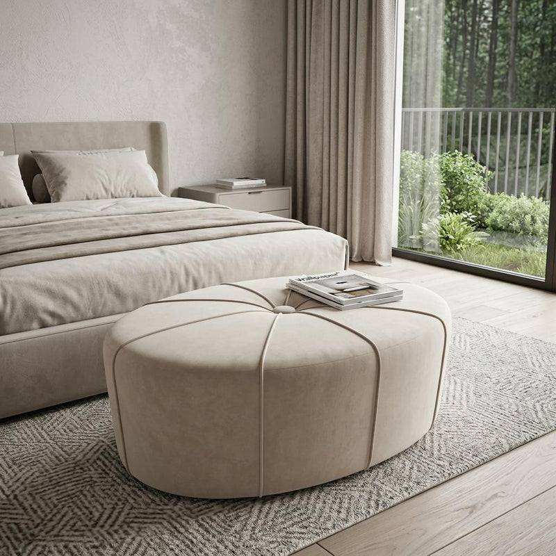 Cotton Blend And Linen Blend Tufted Oval Footstool - Cream And Black
