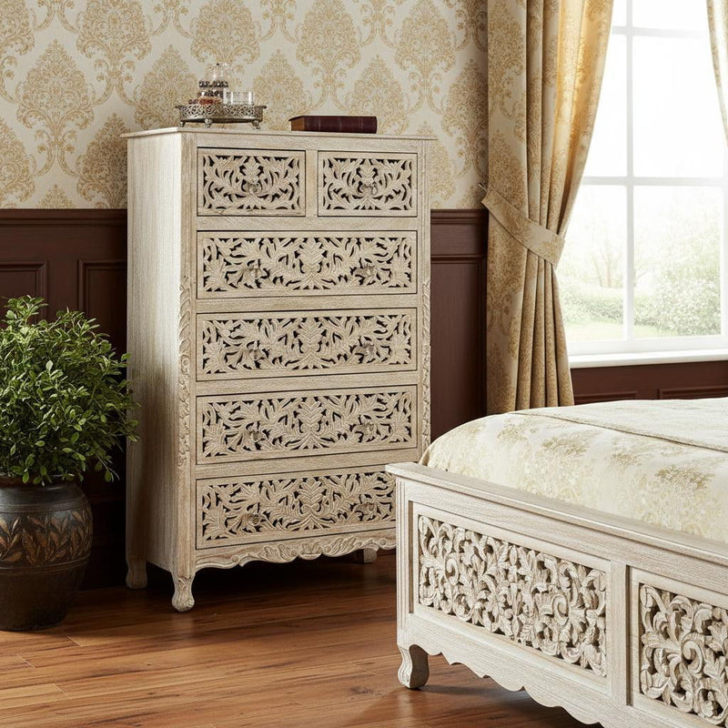 Solid Wood Six Drawer Chest - Beige