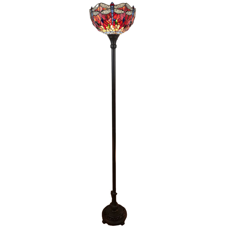 Traditional Shaped Floor Lamp With Red Yellow And Brown Dragonfly Stained Glass Dome Shade - Brown