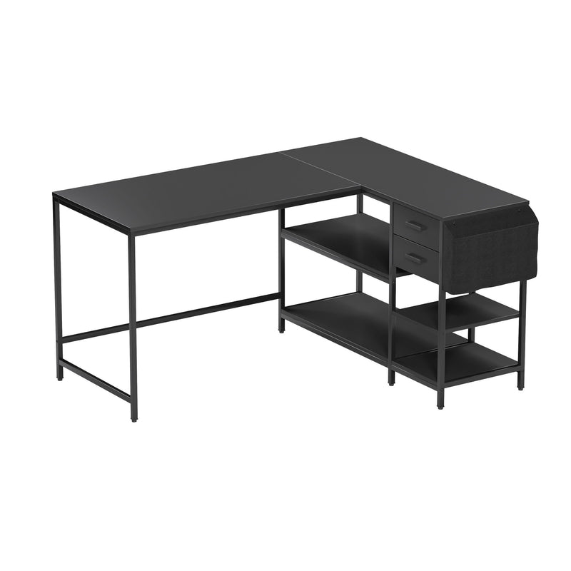 Stainless L Shape Computer Desk With Two Drawers - Black
