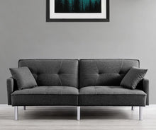 Load image into Gallery viewer, Polyester Blend Convertible Futon Sleeper Sofa And Toss Pillows With Silver Legs - Dark Gray
