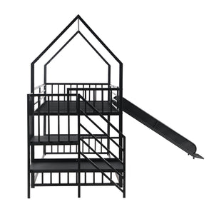 Twin Size Metal Bunk Bed House Bed with Slide and Staircase, Black