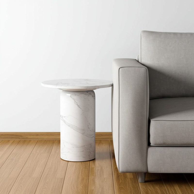 16" Marble And Wood Round Pedestal End Table - White