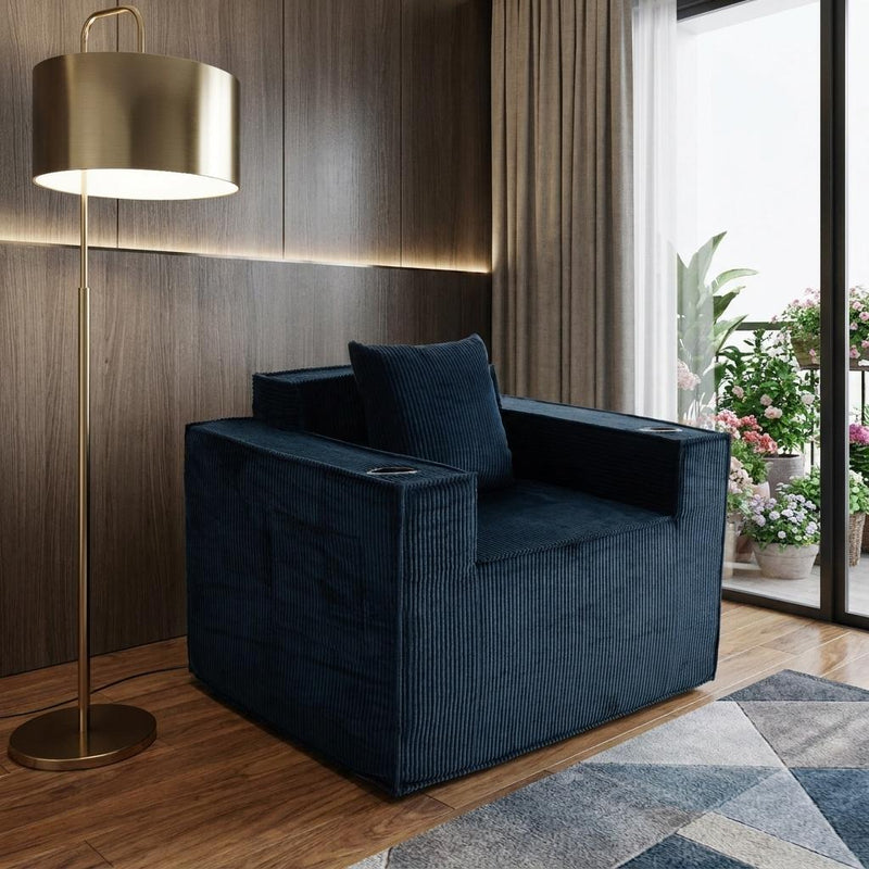 Corduroy Distressed Arm Chair And Toss Pillow - Blue