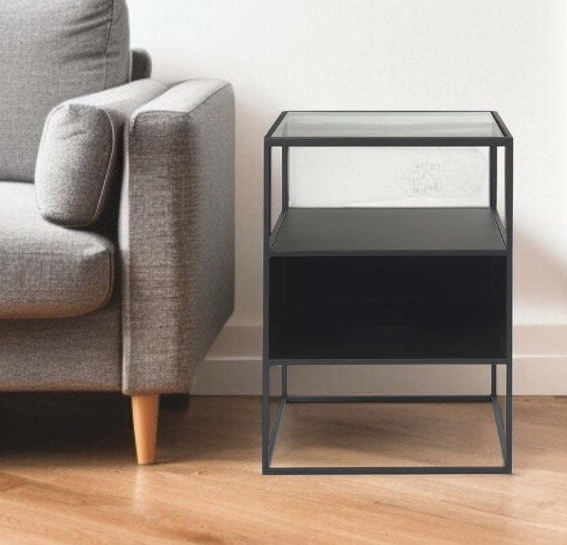 21" Clear And Glass And Metal Square Frame End Table With Two Shelves - Black