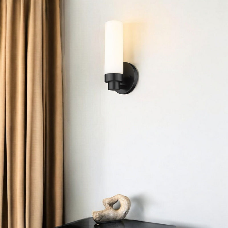 Wall Light With Narrow Frosted Glass Shade - Matte Black