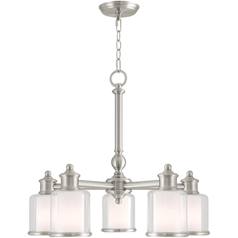 Five Light Metal Dimmable Chandelier With Shades - Nickel / Clear / Opal