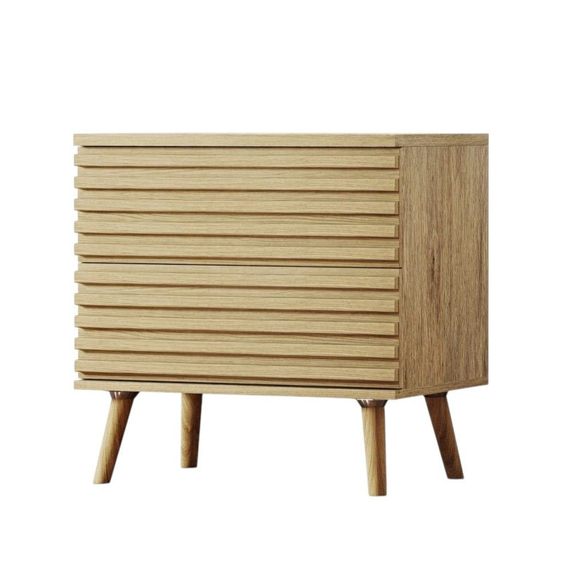Solid Wood Ribbed Texture Two Drawer Nightstand - Natural