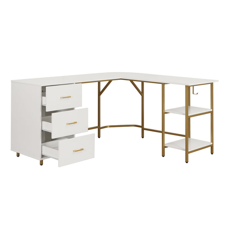 L Shape Computer Desk With Three Drawers - White / Gold