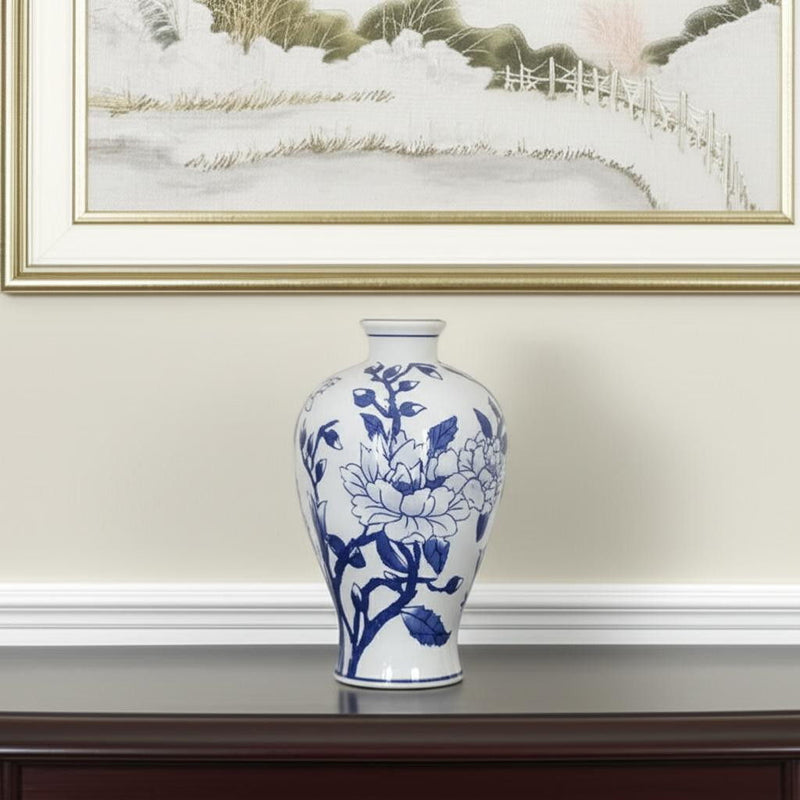 Floral Round Porcelain Table Vase - Blue / White