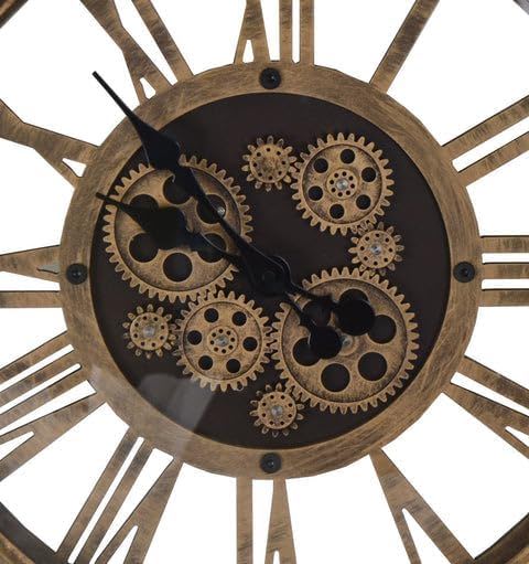 Silent Skeleton Exposed Gear Round Wall Clock (626340) - Antiqued Gold / Black