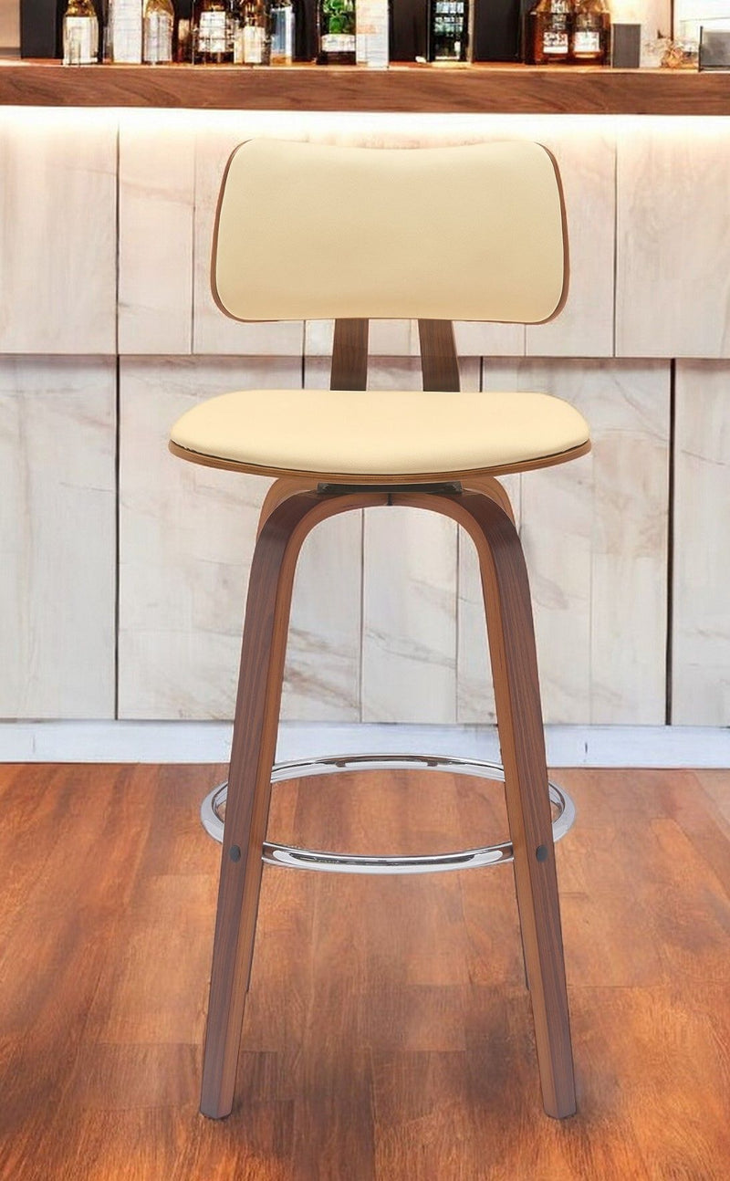 Faux Leather Swivel Low Back Bar Height Bar Chair - Cream And Wood Brown