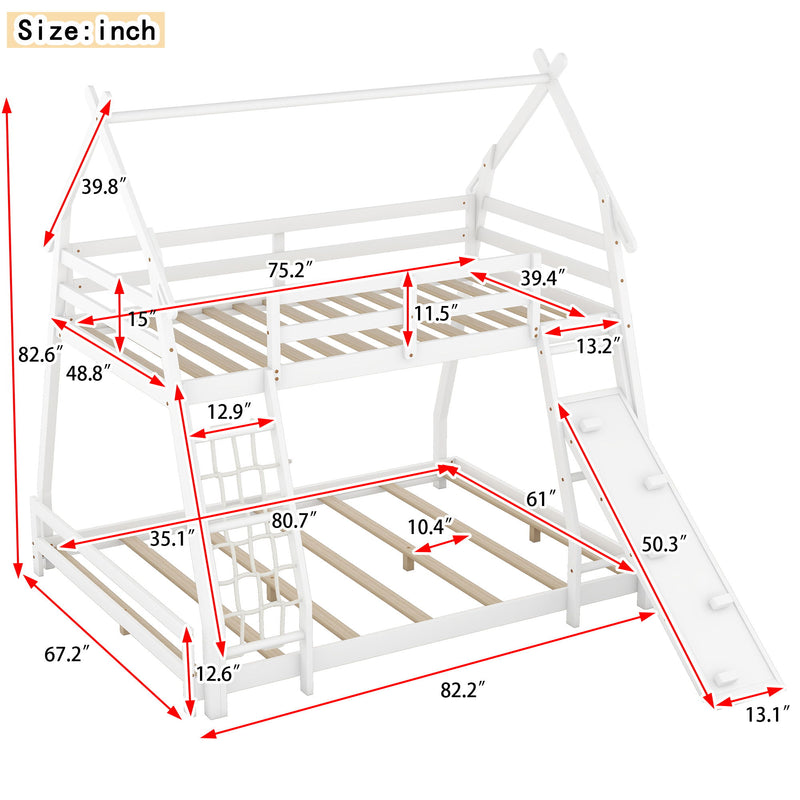 Georgiana - Twin Over Queen House Bunk Bed With Climbing Nets And Climbing Ramp