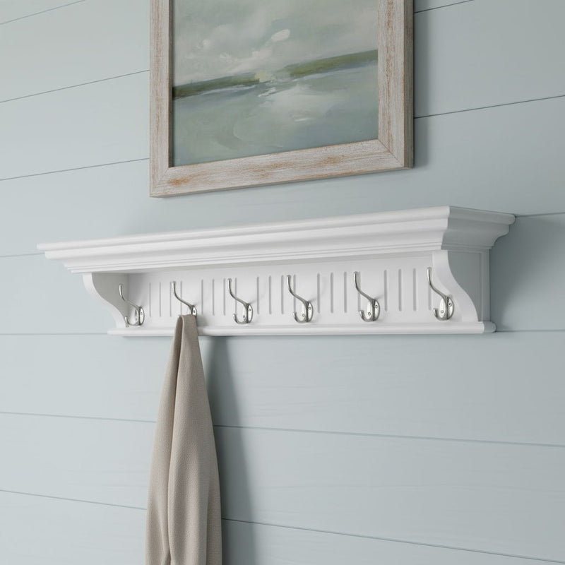 39" Solid Wood Six Hook Wall Mount Coat Rack - White