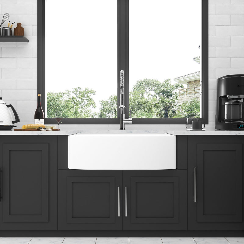 Ceramic Farmhouse Sink, Apron Front Single Bowl With Arch Edge