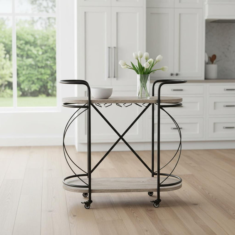 Solid Wood Steel Round Rolling Kitchen Cart With Storage - Black
