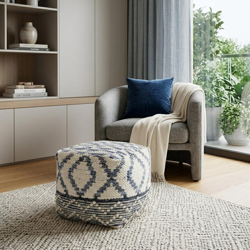 Fabric Geometric Round Pouf Ottoman - Cream / Gray