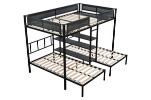 Metal Full over Twin Beds with Shelves/ Sturdy Metal Frame/ Noise-Free Wood Slats/ Comfortable Textilene Guardrail/ Bunk Bed for Three/ Built-in 3-Tier Shelves/ No Box Spring Needed