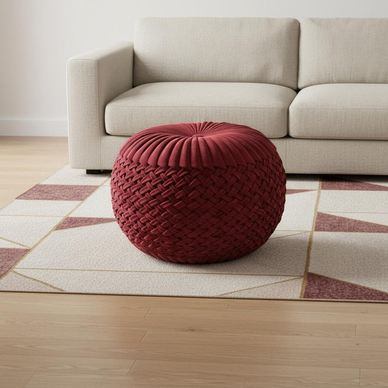 Velvet Round Pouf Ottoman - Red