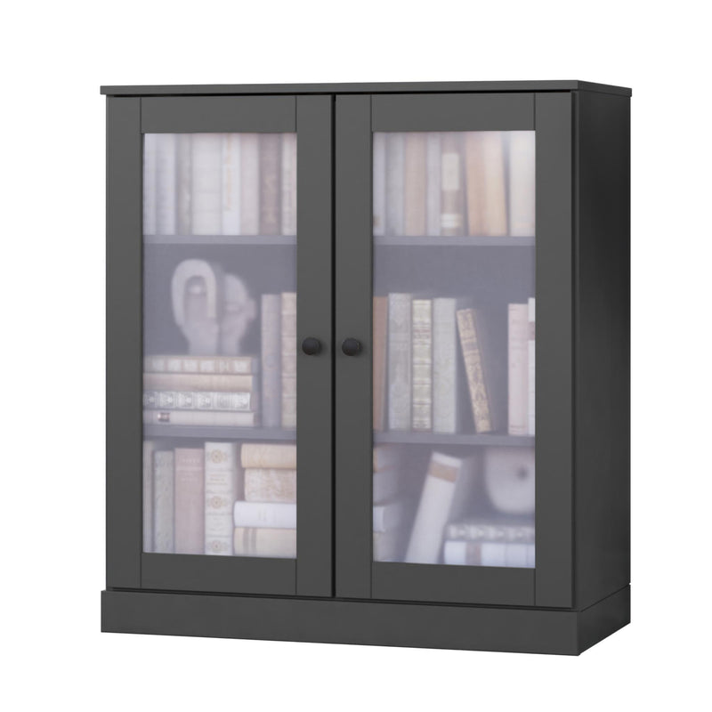 Solid Wood Adjustable Three Tier Library Bookcase With Two Doors - Gray