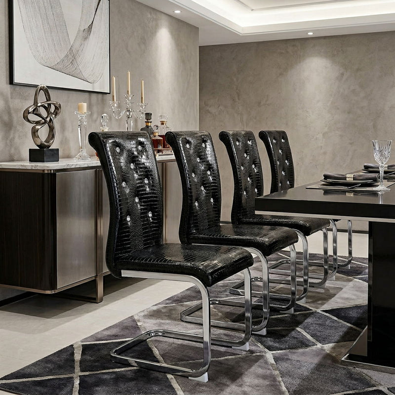 Faux Leather Metal Dining Side Chairs (Set of 4) - Black / Silver