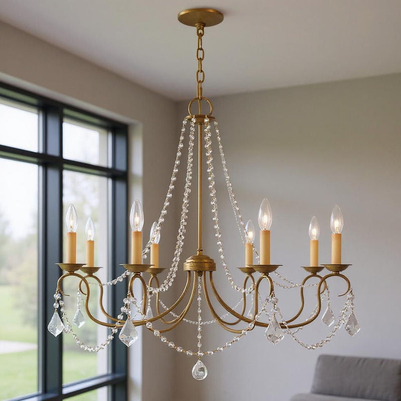 28" Eight Light Dimmable Chandelier With Shades - Antiqued Gold