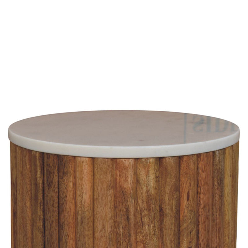 Marble And Solid Wood Round Drum End Table - Brown