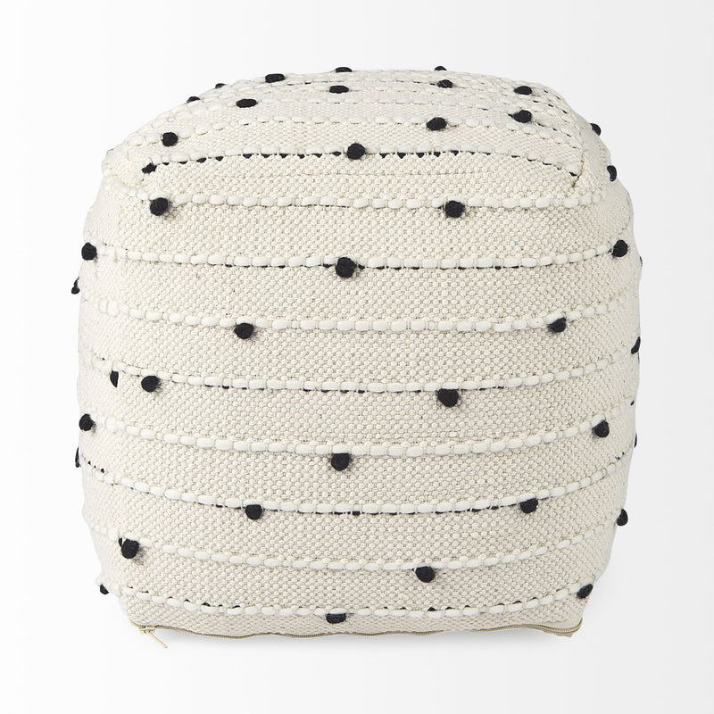 Fabric Polka Dots Round Pouf Ottoman - Cream / Black