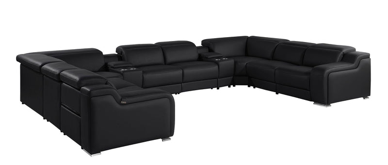 Italian Leather Power Reclining U-Shaped Ten Piece Corner Sectional With Console - Black