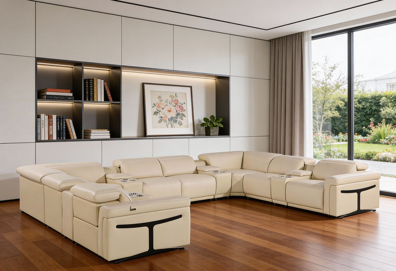 Italian Leather Power Reclining U Shaped Twelve Piece Sectional With Console - Beige