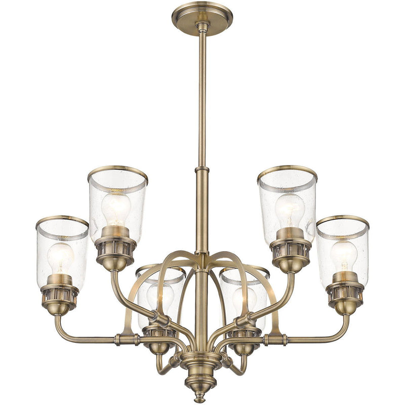 Six Light Metal Dimmable Chandelier With Shades - Antiqued Brass / Clear