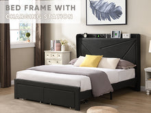 Load image into Gallery viewer, Queen Size Bed Frame with 2 Storage Drawers, Upholstered Bed Frame with Wingback Headboard Storage Shelf Built-in USB Charging Stations and Strong Wood Slats Support, No Box Spring Needed, Dark Gray
