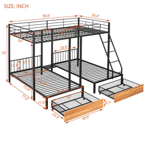 Full Over Twin & Twin Bunk Bed, Metal Triple Bunk Bed with Drawers and Guardrails, Black