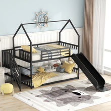 Load image into Gallery viewer, Twin Size Metal Bunk Bed House Bed with Slide and Staircase, Black
