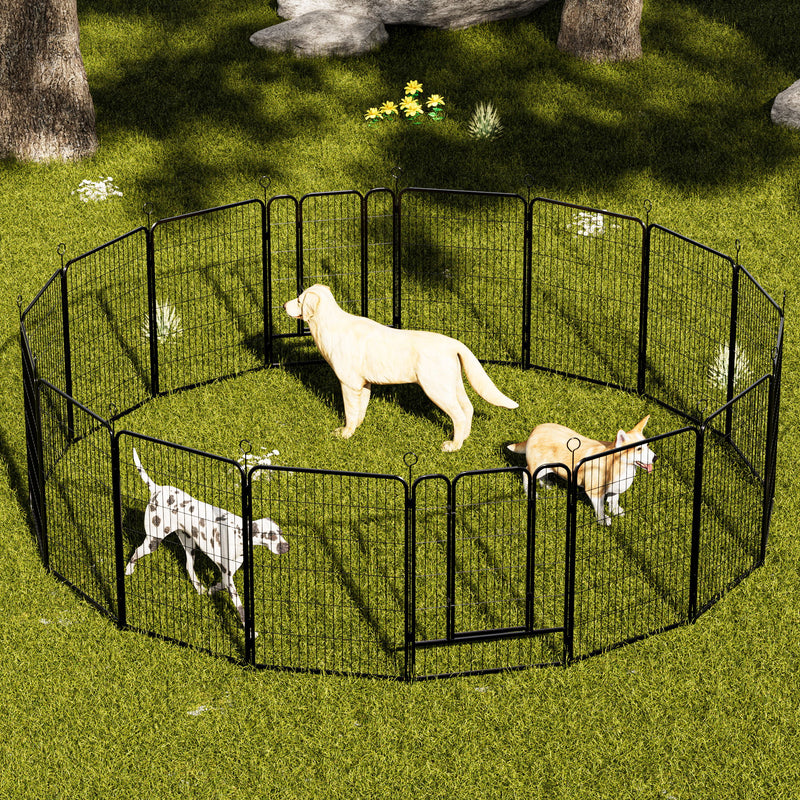 Dog Playpen, 16 Panels Pet Exercise Pen Indoor / Outdoor Fence With Anti Skid Base - Black