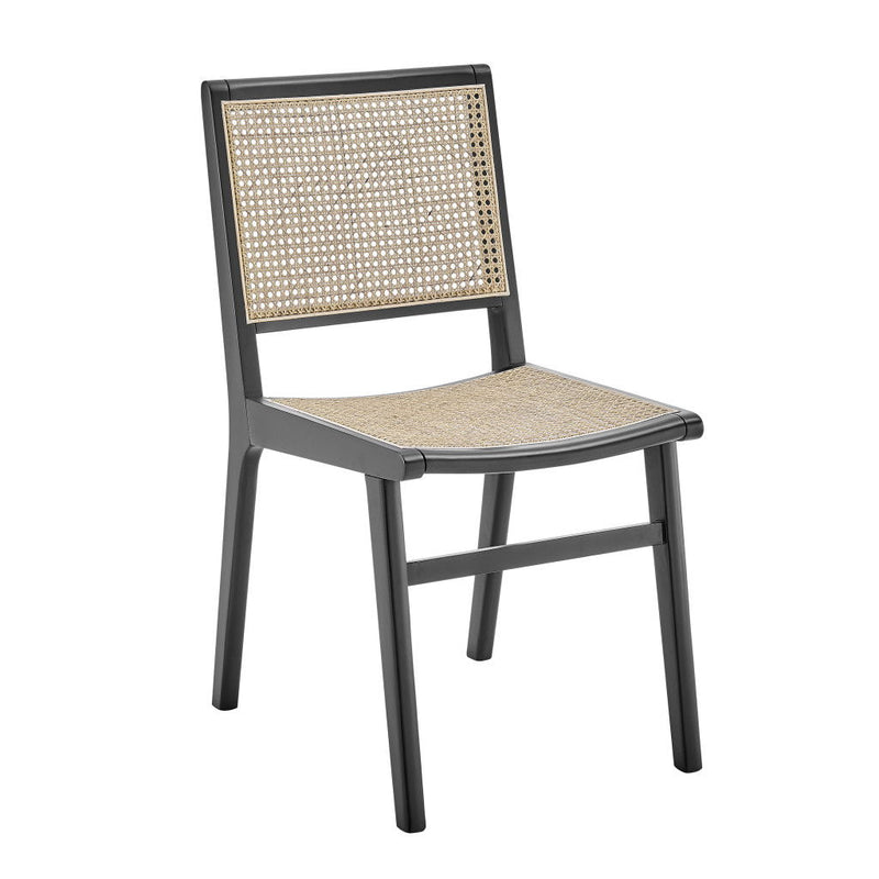Solid Wood Cane Partially Open Back Dining Side Chair - Black / Natural