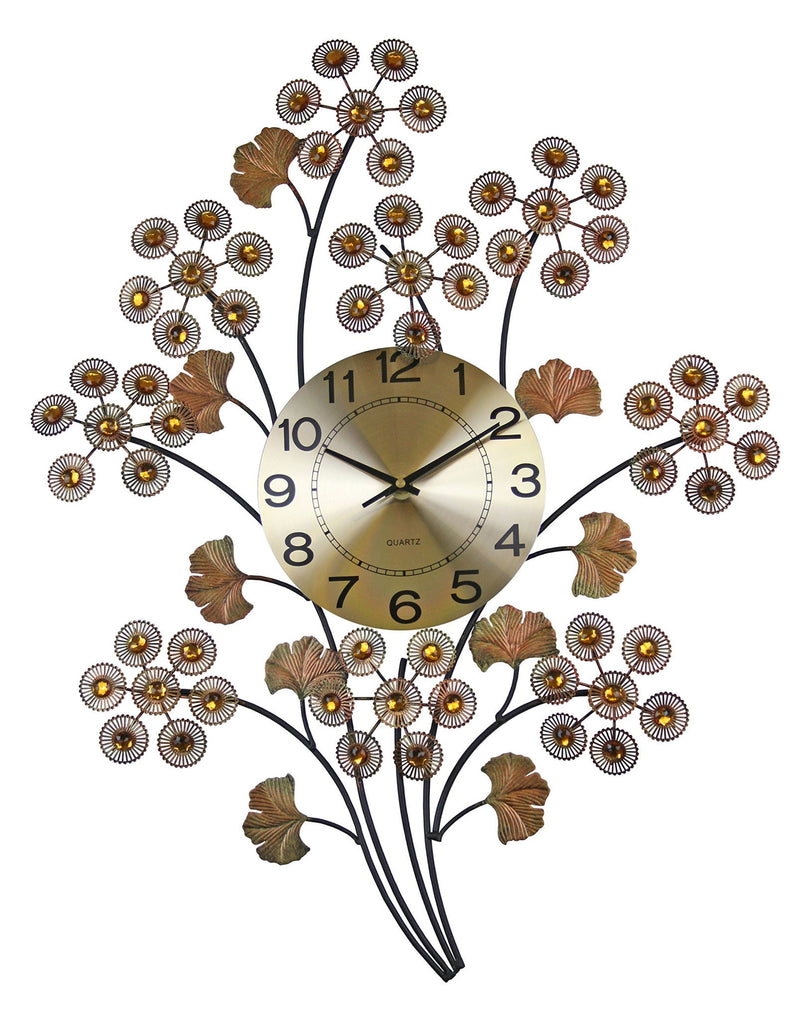 Silent Analog Gingko Floral Wall Clock - Copper / Black