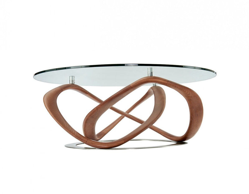 39" Glass And Solid Wood Round Coffee Table - Clear And Brown