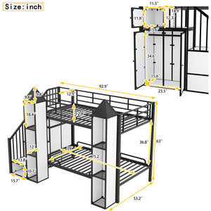 Metal Twin over Twin Castle-shaped Bunk Bed with Wardrobe and Multiple Storage, Black+White