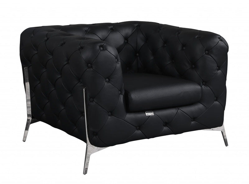 Italian Leather Tufted Chesterfield Chair - Black And Silver