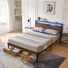 Load image into Gallery viewer, Modern Metal Platform Bed Frame With Wooden Headboard And Footboard, USB Charging Station, LED Lights, 2 Drawers
