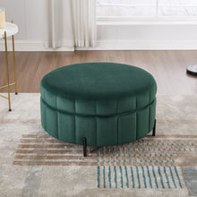 Load image into Gallery viewer, Upholstered Round Ottoman With Reversible Lid, Channel Tufted Pumpkin Shape
