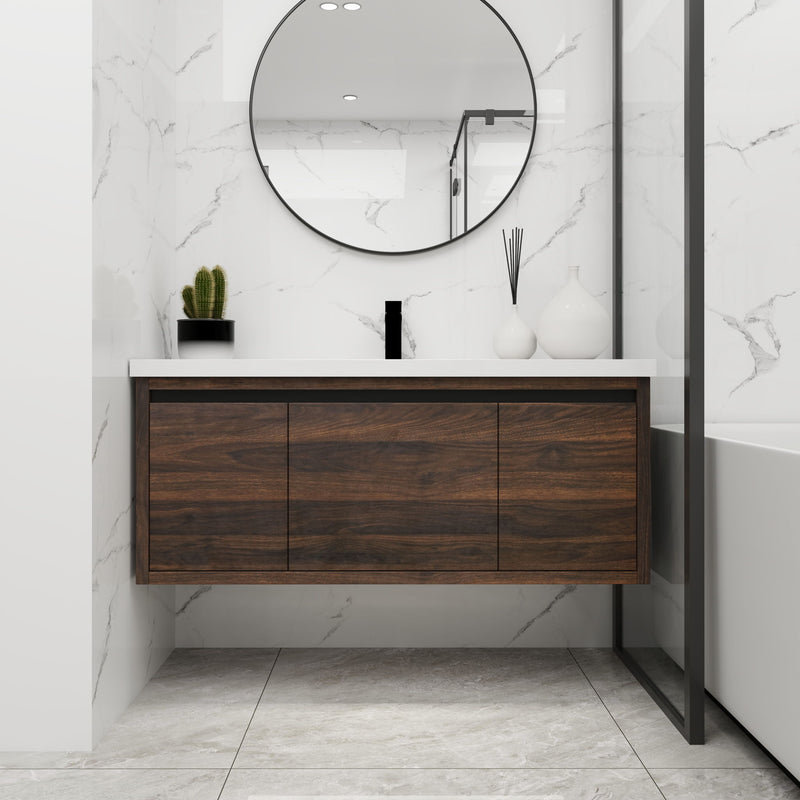 Floating 48" Bathroom Vanity With Resin Sink And Soft Close Doors California Plywood - California Walnut