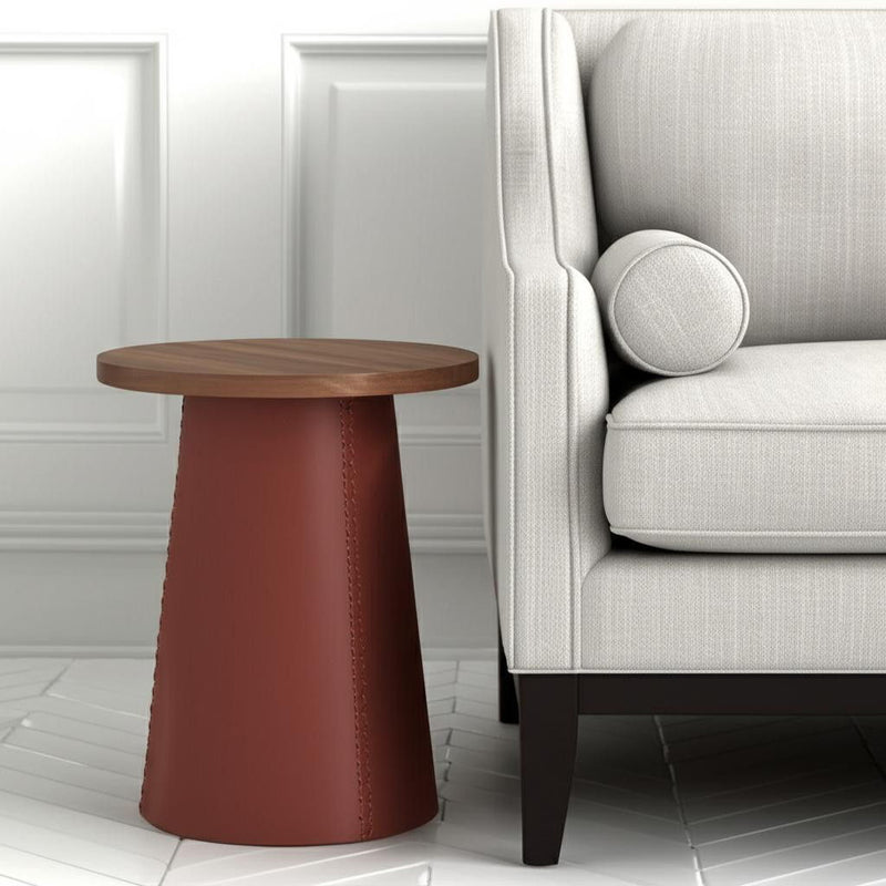 23" Wood And Faux Leather Round Pedestal End Table - Brown