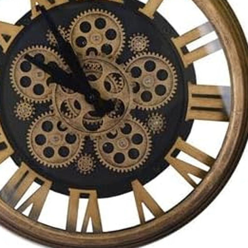 Silent Skeleton Exposed Gear Round Wall Clock (626339) - Antiqued Gold / Black